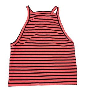 Aerie Neon Coral High Neck Cropped Striped Tank Cami Size Small